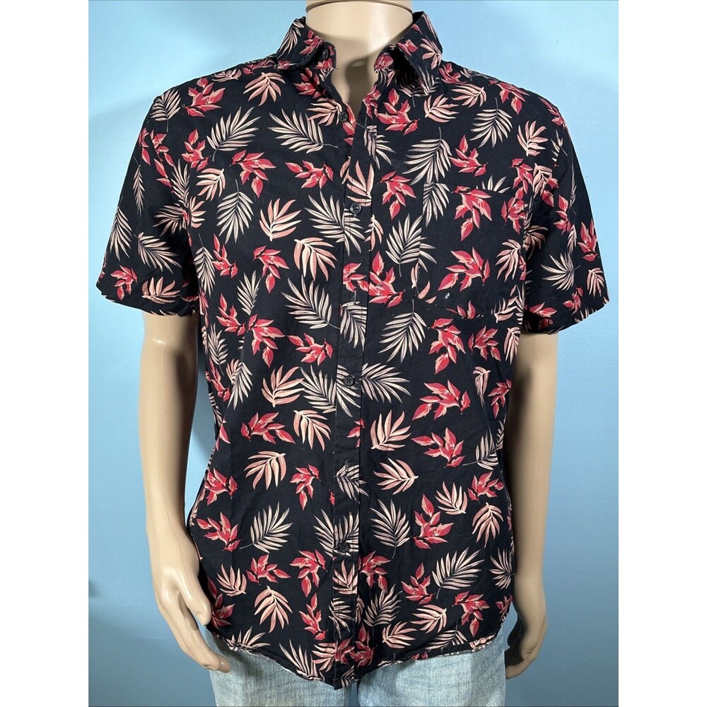 Monument Hawaiian Button Up Short Sleeve Shirt (Men’s XL) Black, Pink, Red Palm